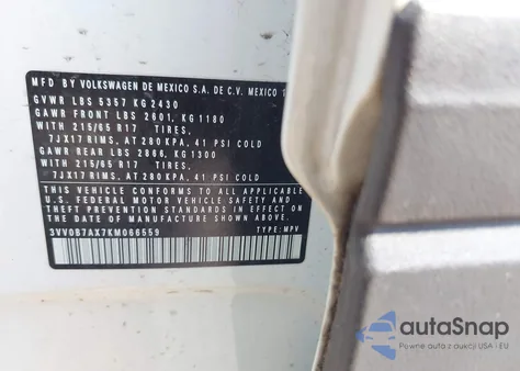 2019 Volkswagen Tiguan 2.0T S из США, поврежденный, VIN 3VV0B7AX7KM066559